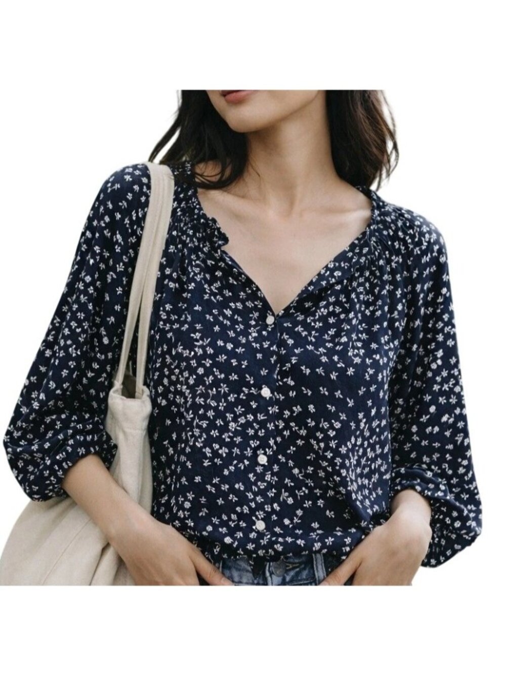 Gap Navy Blue Floral Puff Sleeve Button Down Blouse Shirt, size small